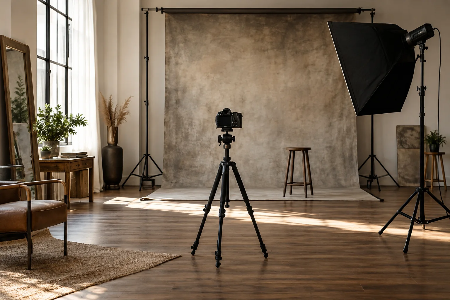 Studio de photographie illustratif avec appareil et éclairage